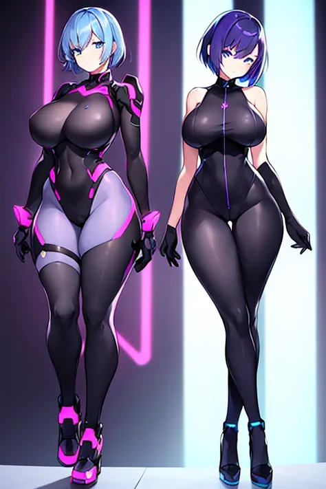 2girls, blue eyes, purple hair, very short hair, large breasts, hourglass figure, bodysuit, black bodysuit, neon, neon trim, machinery, tech, science-fiction, futuristic, standing, full body, ((full body)), pantyhose,