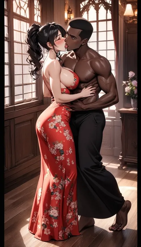 (1 young black man), (1 asian mature woman), (duet), A woman seduces a young blackman，Cuddled，（strong and naked black man，short pants，muscle body，bodybuilder），（a young woman with big breasts，narrow waist，bare shoulders，(long skirt dressed, floral print, na...