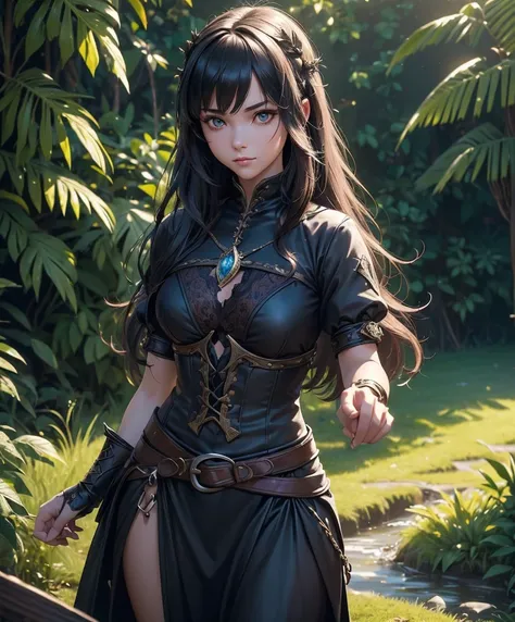 (((Single character image.))) (((1girl))) (((Dressed in medieval fantasy attire.))) (((Solo))) (((Generate a darkly sexy female character for a fantasy setting.))) (((Appears to be 20 years old with youthful looks.)))Generate a female character in a fantas...