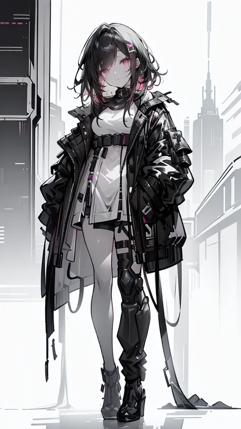 1 redheaded girl, pink eyes, cyberpunk, hand in pocket, white heels, detailed face, beautiful detailed eyes, beautiful detailed ...