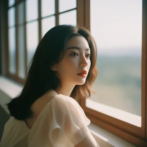 Closeup candid portrait photo of a young artistic Korean woman, retro-futuristic, still from the film, ((solo)), (Anne Hathaway look alike face: 0.9), sitting by the window, sunlight beams on her face, soft romantic lighting, summer day, Leica SL3, Summicr...