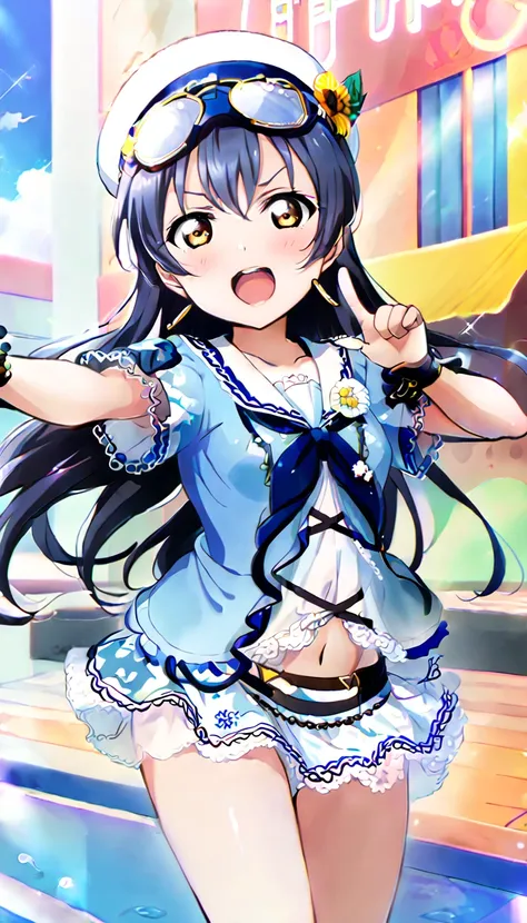 one girl, umi sonoda's whole body, wearing clothes for going out in the city in midsummer, id_umi_sonoda,pointing at the viewer,...