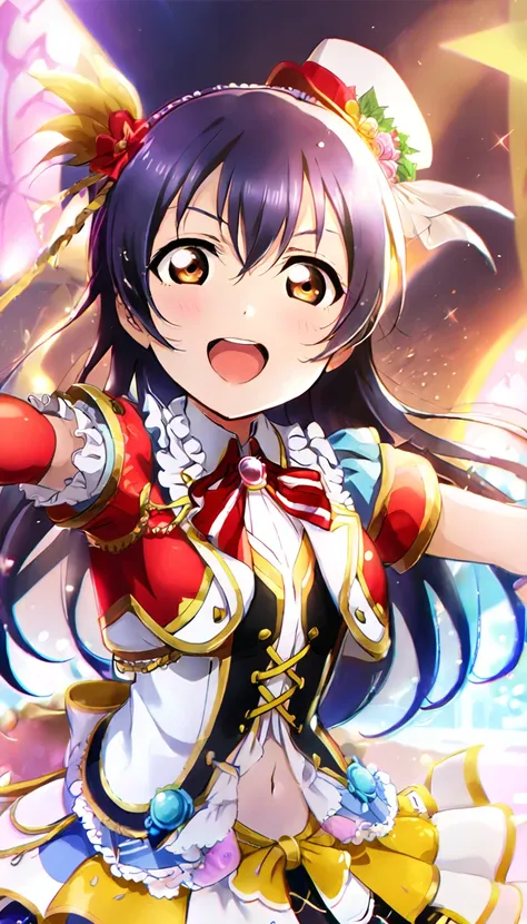 1girl, umi sonoda, upper body, idol costume, smile, id_umi_sonoda,pointing at the viewer