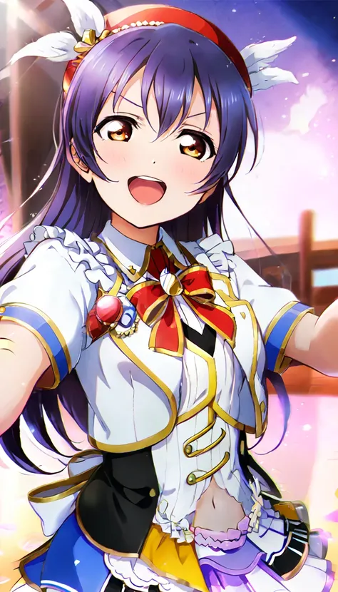 1girl, Umi Sonoda, upper body, idol costume, smile, id_umi_sonoda,Pointing at the viewer