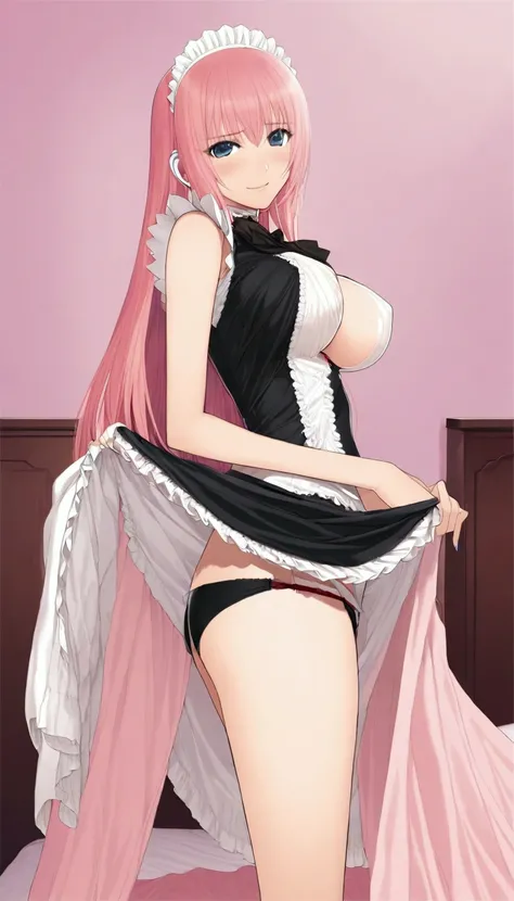 nsfw:1.2,Masterpiece:1.1,Detailed and beautiful depiction 1.1,Official Art,Beautiful adult woman ,Megurine Luka,Pink long hair,blue eyes,Large Breasts,Erotic smile temptation,Maid clothes,Embarrassed, she lifts her skirt to reveal her black shorts,bedroom