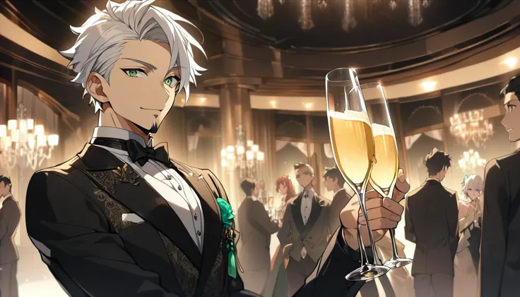 1 boy, male focus, Intricate details, 1 man, handsome, white hair, vibrant green eyes, slim muscles, anime, 19 years old, 19 years old, a small goatee,(the character is wearing an elegant black suit, inside a high class party, he would be with a thin glass...