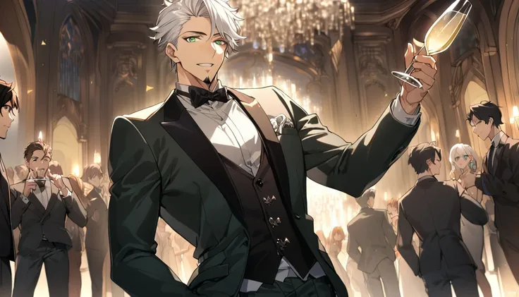 1 boy, male focus, Intricate details, 1 man, handsome, white hair, vibrant green eyes, slim muscles, anime, 19 years old, 19 years old, a small goatee,(the character is wearing an elegant black suit, inside a high class party, he would be with a thin glass...