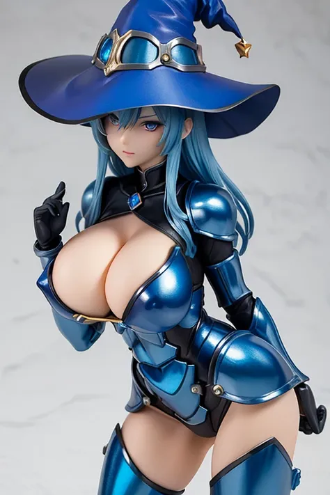 figure of witch, blue haired, big breast, suggestive pose, metallic blue power armor