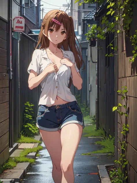 Girl, blue short, Unbuttoned Blouse, You can see her breasts,  Bare breasts, chest visible, street  background, Narrow passage between houses, night, rain, slim body, In full growth, Sneakers , small breast, Bare breasts, She threw open her hands 