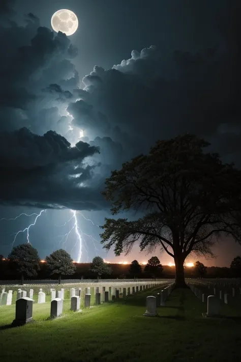 A realistic image of a cemetery with several dead trees on a full moon night in a storm with lots of thunder in the sky