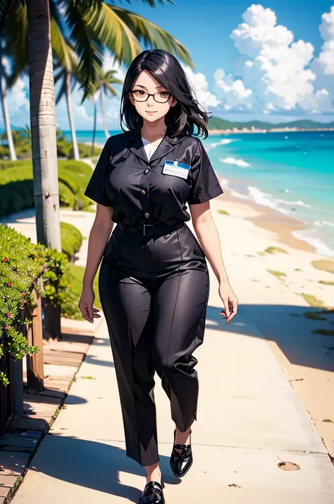 Full character, a woman with white skin, black hair and brown eyes that uses a nurse uniform and glasses stepping next to an beach