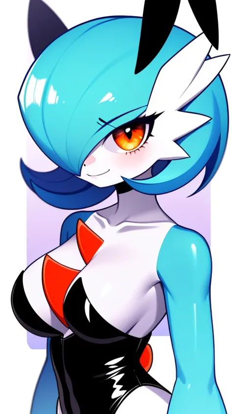 SeaArt, best_quality, 1 girl, solo, gardevoir, creatures (company), freak game, Nintendo, pokemon, pokemon (game), bangs, colored skin, female focus, Pokemon Gen 3, blue hair, blue skin, hair over one eye, multicolored skin, pokemon (creature), orange eyes...