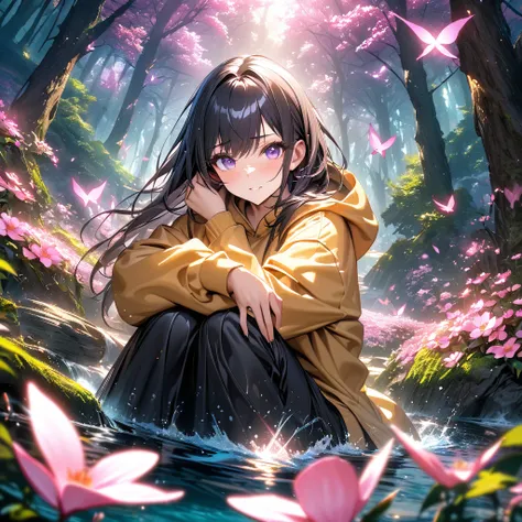 Woman with yellow hoodie, forest, absurdres, highres, ultra detailed, HDR, master piece, best quality, black hair, expressive purple eyes, black clothes, magical, fantasy, shining, water, pink flowers, blossoms, pink butterflies