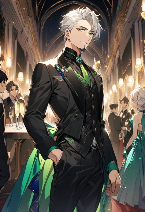 1 boy, male focus, Intricate details, 1 man, handsome, white hair, vibrant green eyes, slim muscles, anime, 19 years old, 19 years old, a small goatee,(the character is wearing an elegant black suit, inside a high class party, he would be with a thin glass...