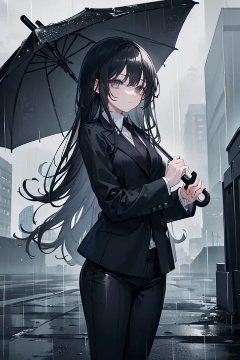 ((masterpiece)), (8K), (best quality), (Rain falling from a cloudy sky at night), ((1 woman, alone)), (black long hair), (white dead eyes), (gloomy city), ((holding a black umbrella)), ((black suit)), ((black pants))