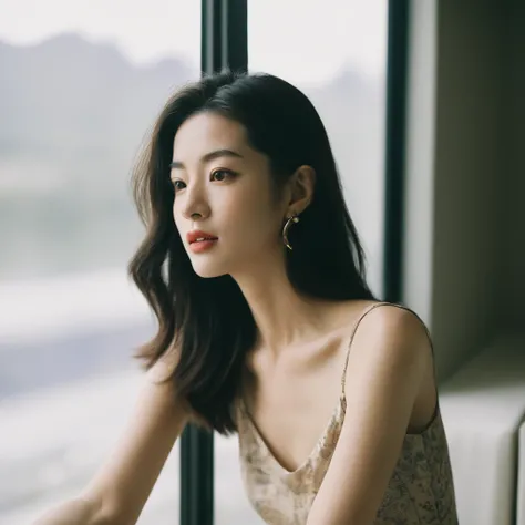 Closeup candid portrait photo of a young artistic Korean woman, retro-futuristic, still from the film, ((solo)), (Anne Hathaway look alike face: 0.9), sitting by the window, sunlight beams on her face, soft romantic lighting, summer day, Leica SL3, Summicr...