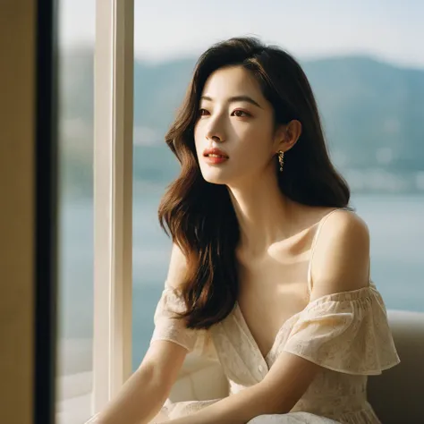 Closeup candid portrait photo of a young artistic Korean woman, retro-futuristic, still from the film, ((solo)), (Anne Hathaway look alike face: 0.9), sitting by the window, sunlight beams on her face, soft romantic lighting, summer day, Leica SL3, Summicr...