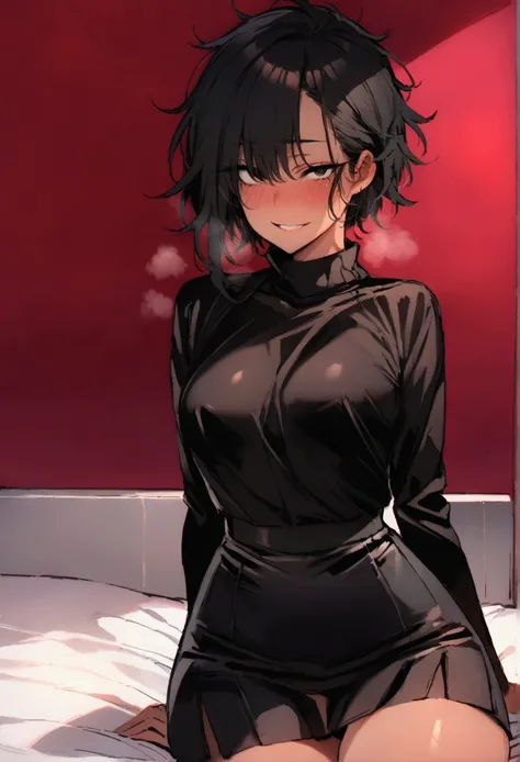 masterpiece, best quality 1girl, solo, beautiful woman, dark tanned skin, bangs, black hair, short messy hair, black eyes, deep blush, grin, medium breasts, black turtle neck sweeter, short black skirt, plated skirt, looking at viewer sitting on bed
