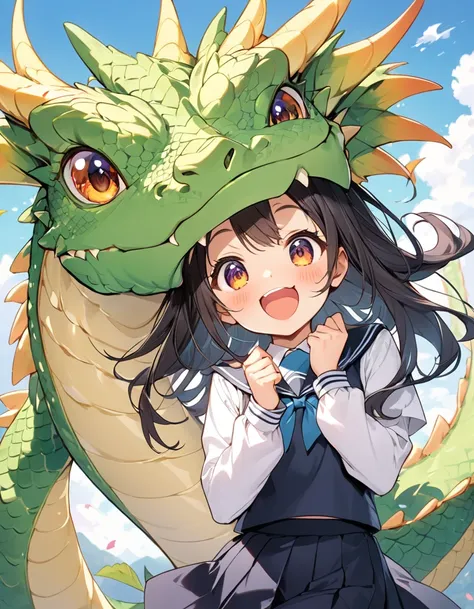 BREAK Perfect Anatomy、(High resolution:1.2)、Incredible illustrations、(Cute illustrations:1.2)、() （Beautiful background()) creature and personification(dragon girl)(;d,young adult woman)(school uniform)