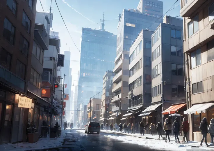 Create the view of a modern city covered in ice