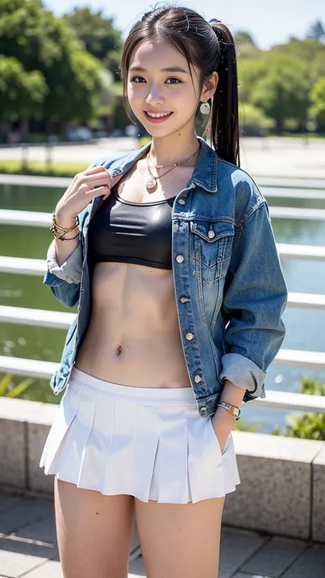 nsfw,Cute Japan high school girl、1 high school girls、Standing side by side、Leather tiny micro mini skirt, small denim jacket、Trained abdominal muscles、Cowboy Shot、((wet body with white liquid)) ,earrings,necklace,bracelet,smile,groin is visible,twintail,