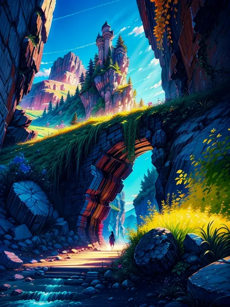 clear blue sky and mountain, flower colorful color blue red green purple yellow, fantasy world medieval, rocks, The scene is depicted in a highly saturated and vibrant style, Vibrant colors include deep purples, electric blues, neon pinks, and shimmering g...