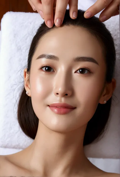 ((Best Quality, 8K, Masterpiece:1.3)), pov from side, Focus on face: 1.2, Highly Detailed Face and Skin Texture, Fine Eyes, Double Eyelids, Whitening Skin, Long Hair, (Shut Up: 1.3), Smile, lying down having facial treatment in spa