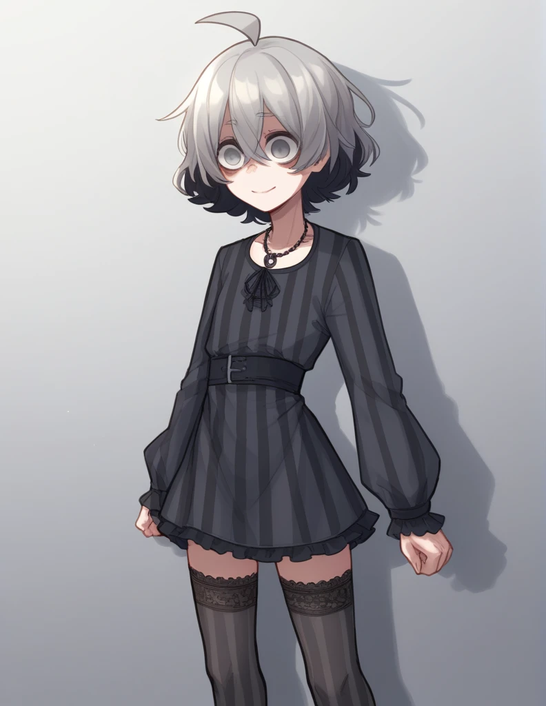 1 girl, alone, ppka, black fur, short hair, messy fur, Ahoge, parts, parts por todo el cuerpo, grey eyes, empty eyes, blind, nervous, slight smile, cute look, gothic, short dress, fitted dress, long sleeve dress, light gray dress with black stripes, horizo...