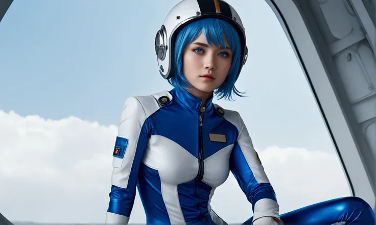 (masterpiece, highest quality, highest resolution, distinct_image, detailed details): (Solo, lone girl, Japan face, blue haired girl, short cut, full body figure, small size breasts, sparkling blue colored eyes, pilot suit in metallic white and blue color,...