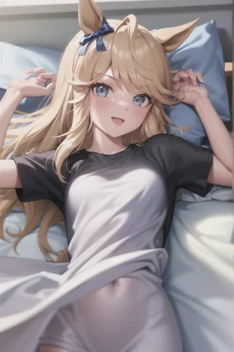 masterpiece, best quality,
gold city (umamusume),
pillow, lying, blush, white shirt, short sleeves, on side, upper body, smile, under covers, on bed, open mouth, blanket, t-shirt, bed sheet
