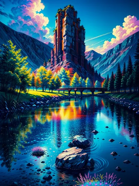 valley mountain with clear blue sky and mountain, flower colorful color blue red green purple yellow, fantasy world medieval, rocks, Vibrant colors include deep purples, electric blues, neon pinks, and shimmering golds. The lighting is ethereal, intense an...