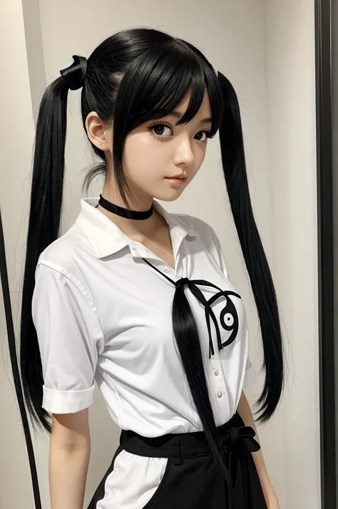 female anime character,black hair with pigtails,white,skinny,black clothes,high