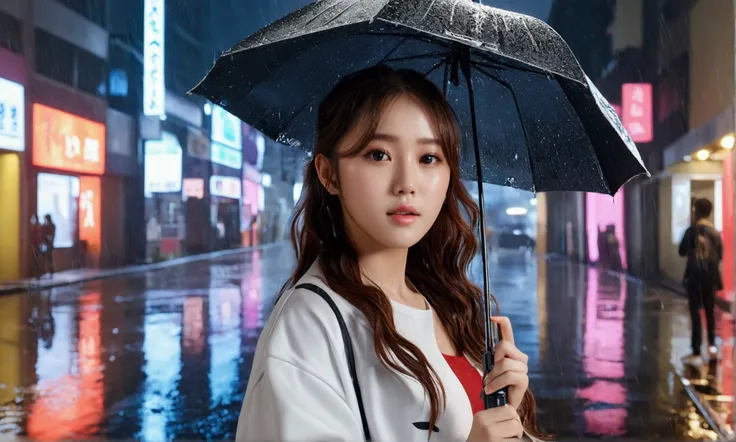 (8k, RAW photo, best quality, masterpiece:1.2), (realistic, photo-realistic:1.37), omertosa, 1girl, (Kpop idol), (aegyo sal:1), cute, cityscape, rain, wet, professional lighting, photon mapping, radiosity, physically-based rendering,,  