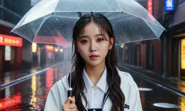 (8k, RAW photo, best quality, masterpiece:1.2), (realistic, photo-realistic:1.37), omertosa, 1girl, (Kpop idol), (aegyo sal:1), cute, cityscape, rain, wet, professional lighting, photon mapping, radiosity, physically-based rendering,,  