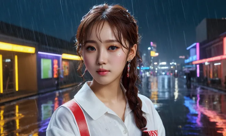 (8k, RAW photo, best quality, masterpiece:1.2), (realistic, photo-realistic:1.37), omertosa, 1girl, (Kpop idol), (aegyo sal:1), cute, cityscape, rain, wet, professional lighting, photon mapping, radiosity, physically-based rendering,,  