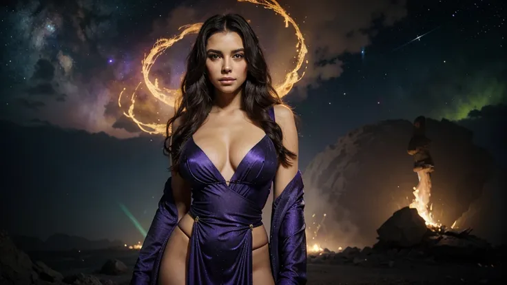 Background: a realm where galaxies collide and celestial clouds swirl. A glow from a thousand cosmic furnaces.
Foreground: a beautiful woman is standing, looking directly at the camera, divine, regal, celestial in appearance. She has long, flowing, dark ha...