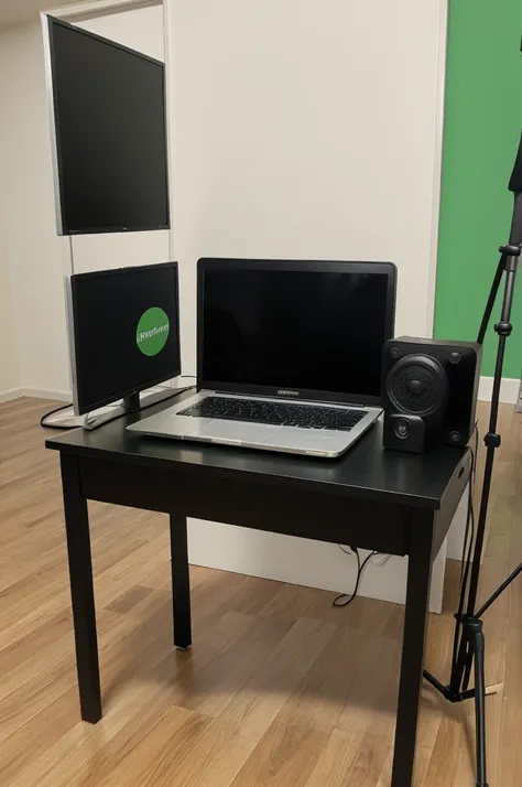 A character bace side green screen and front side table and laptop and mic