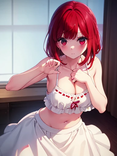 paw pose,Hands on chest,White loose camisole,girl,Red hair,Red Eye,Moist eyes,Cleavage,White bra with delicate embroidery,Bare Belly,High  skirt,canary