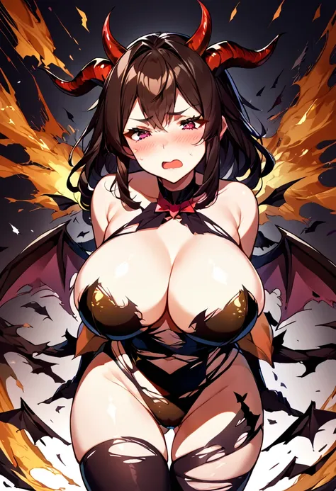 28 years old,Succubus,Tight waist,A beautiful woman,Dark brown hair,Big Breasts,Goat horns on the sides of the head,bat wings on the back,,Embarrassed,Exploding clothes,Torn clothes