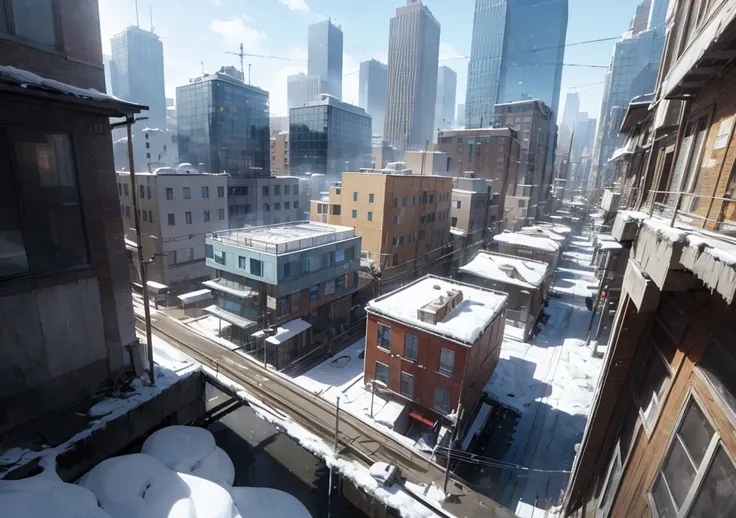 Create the view of a modern city covered in ice