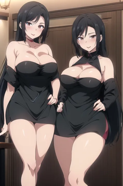 (hentai, risqué, High resolution, 8K, Extremely detailed, Sexy waitress, Ultra HD, Ultra-detailed, Anime style screen cap: 1.3, Anime colours: 1.2)

long legs, (serving tray in hand), (Black hair, wavy and shoulder-length), (emphasizing cleavage), (leaning...