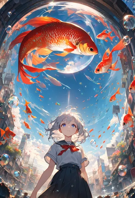 woman(student, 15 years old, ＪＫ, Short silver hair floating, Space-colored eyes, school black uniform, Pale skin, Tired face、lack of shine in the eyes) Looking up at the sky, (Many shiny red scale goldfish swimming in the air), (Transparent bubbles, like t...