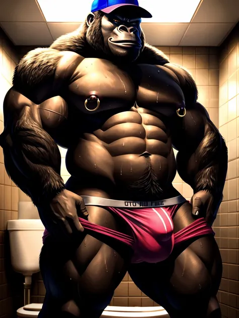 A muscular male trucker gorilla posing sensually in a public bathroom with his underwear down showing off his erect cock, wearing a day cap, wearing nipple piercings, whole body, big body, sexy body, sweaty, well detailed, ultra detailed , whole body, grea...