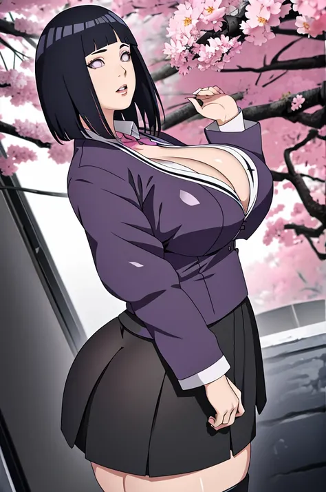 masterpiece, absurdres, hinata(boruto), 1girl, solo,mature female, looking at viewer, (falling petals), perfect composition, detailed lips, gigantic breast, beautiful face, body propotion, (pink lips), short hair,  purple eyes,  soft gaze,  super realistic...