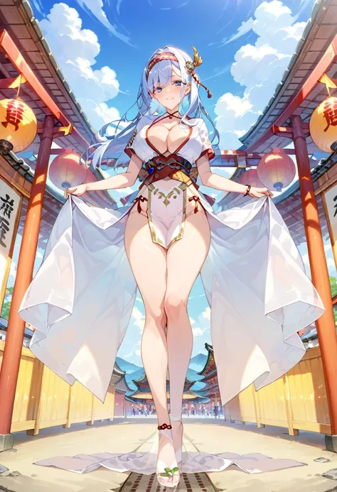 takeda hiromitsu style,(((nsfw))),(((white sheer fabric fundoshi))),(((white sheer fabric pelvic curtain lifted by self ))),(((wears tabi on feet))),(((white short sleeve kimono tops))),(((Show cleavage))),(double-breasted,underbust:1.2),(((Japanese festiv...