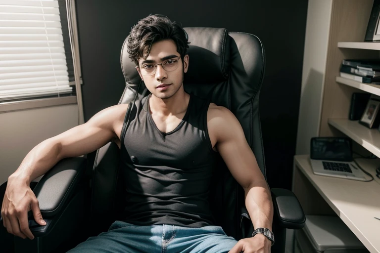 Handsome young man named Rahul showing full body sitting on a gaming chair wearing a sleeveless shirt, with some , wearing prescription glasses