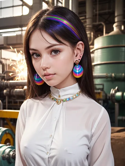 (shiny white skin:1.4),(a girl with big breast:1.4),(cute face:1.3) , (rainbow metal factory :1.3) ,(many ear ring:1.6),(white blouse:1.3) 