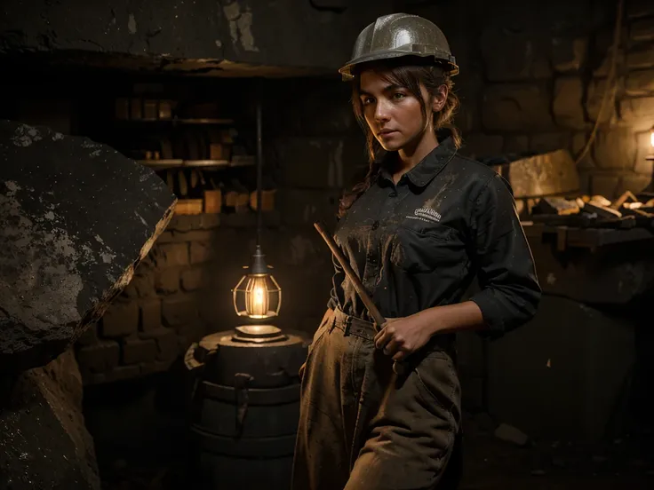 A strong and confident female miner, dressed in typical heavy work attire but with a sensual and feminine touch. She is standing in a dark mine, holding a mining helmet in one hand and a geologists hammer in the other. The dim light from the mines lamps hi...