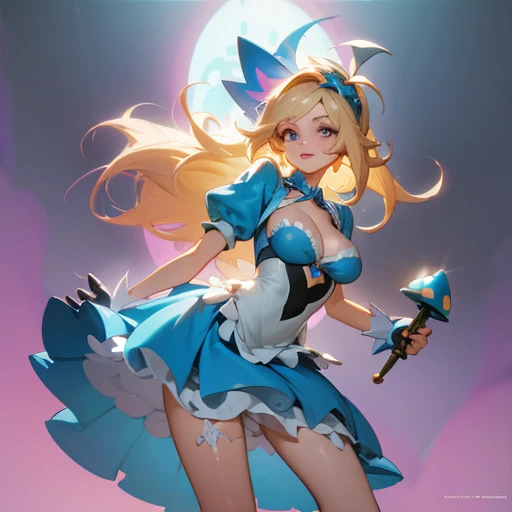 a beautiful 20 year old blonde woman with big messy hair in a blue dress, white stockings, black headband, cleavage, holding a glowing mushroom, fantasy art style, rossdraws cartoon vibrant, alice in wonderland cyberpunk, cute detailed digital art, colorfu...