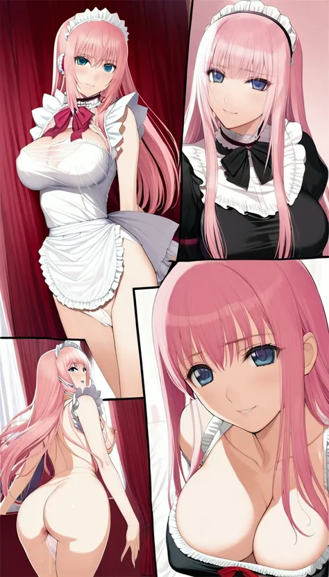 nsfw:1.1,Masterpiece:1.3,Detailed and beautiful depiction 1.3,Official Art,Beautiful adult woman ,Megurine Luka,Pink long hair,blue eyes,Large Breasts,Erotic smile temptation,SEX in maid clothes,Show your vagina,bedroom